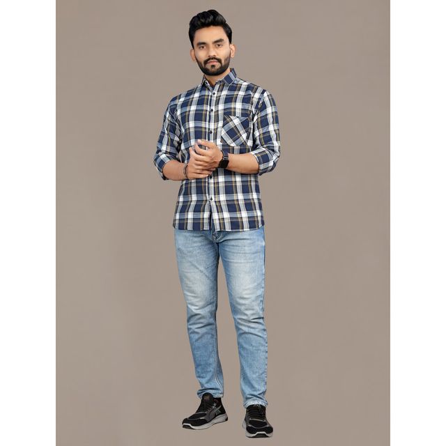 Allan Peter Men's Blue And Yellow Checks Shirt | XL