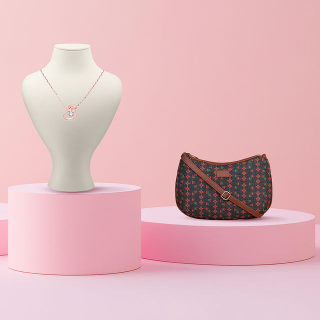 Zouk Shobha Niwas Lotus Motif Structured Shoulder Bag(1pc) & Giva Rose Gold Whole Heart Necklace(1pc) Combo
