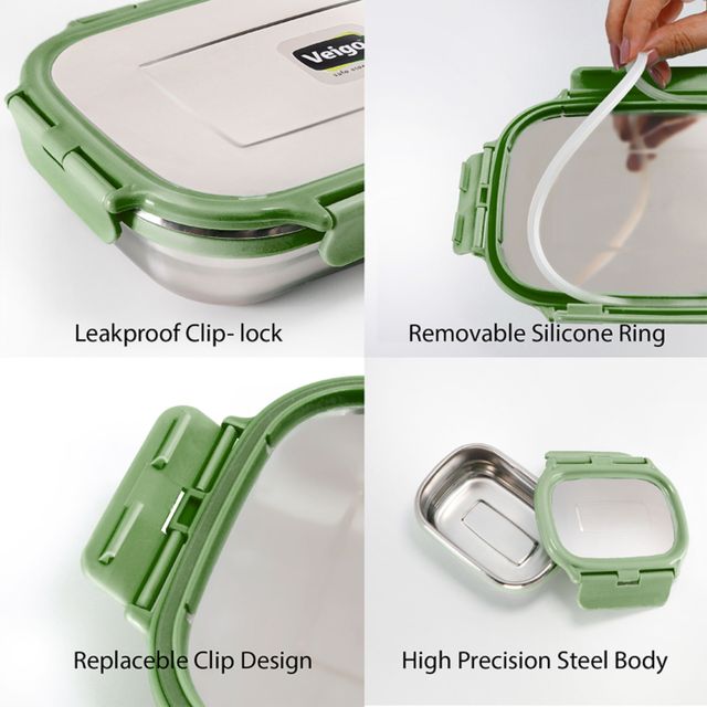 Veigo Jumbo W/veg Box- Stainless Steel Lunchbox Leakproof & Easy to Use- 950+180 Ml- Military Green