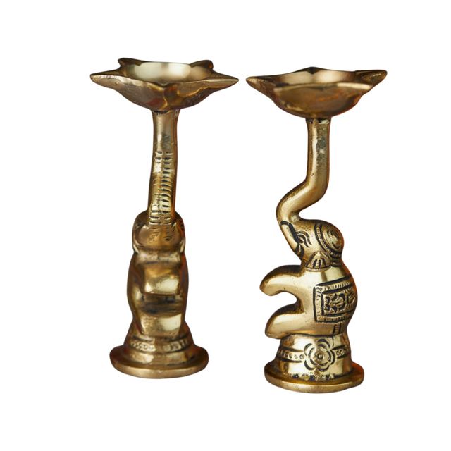 Servdharm Golden Decorative Elephant Brass Diya With Stand (Set Of 2) 4.5 Inch