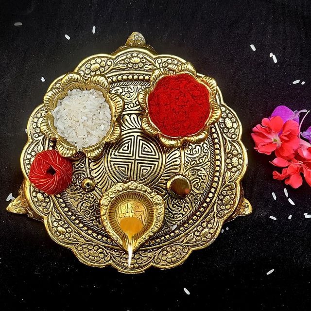 Devnidhii Pooja Thali Set 2+1 Gold Polish Medium Size