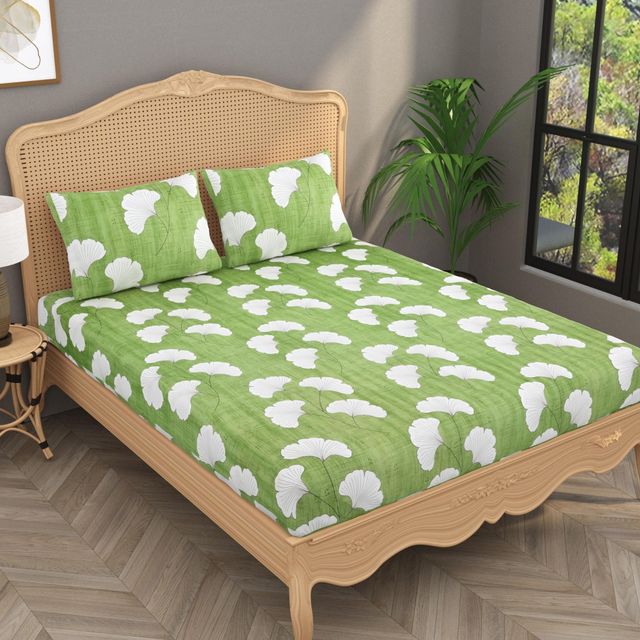 House Of Gulab 100% Cotton Double Bedsheet Floral - Green