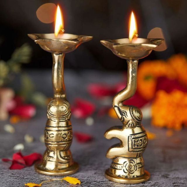 Servdharm Golden Decorative Elephant Brass Diya With Stand (Set Of 2) 4.5 Inch
