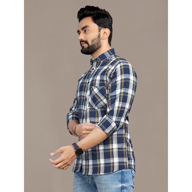 Allan Peter Men's Blue And Yellow Checks Shirt | XL