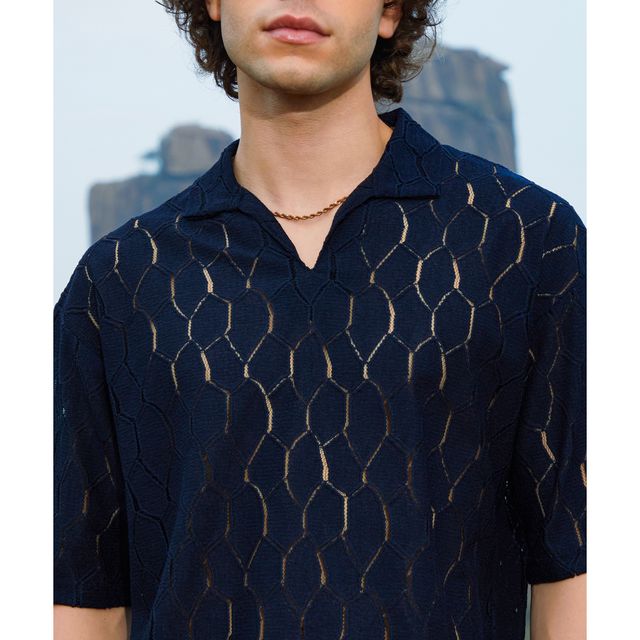 Campus Sutra Men's Honeycomb - Knit Polo T-shirt | Prussian Blue - M