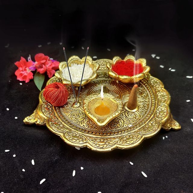 Devnidhii Pooja Thali Set 2+1 Gold Polish Medium Size