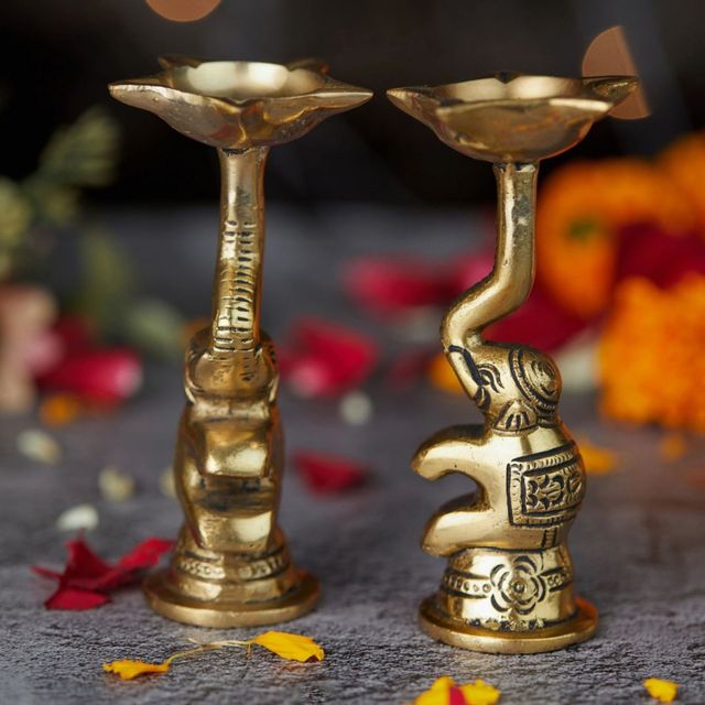 Servdharm Golden Decorative Elephant Brass Diya With Stand (Set Of 2) 4.5 Inch