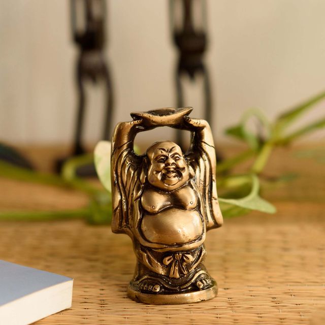 eCraftIndia Exquisite Brass Laughing Buddha Statue Holding Gold Ingot