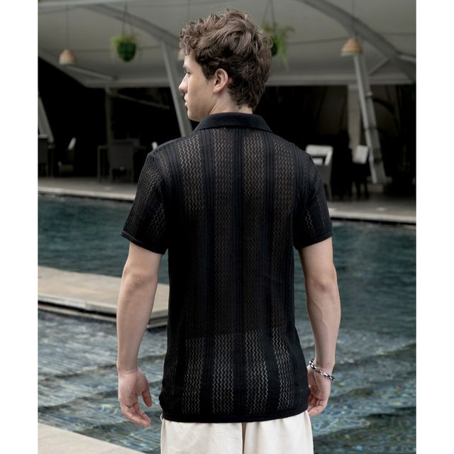 Campus Sutra Men's Chevron - Lined Textured Polo T-shirt | Onyx Black - S