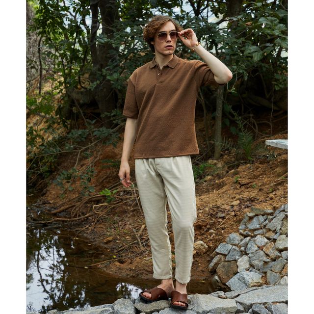 Campus Sutra Men's Ripple - Tactile Polo T-shirt | Chestnut Brown - S