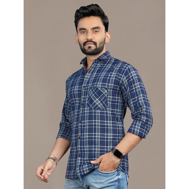 Allan Peter Men's Navy Blue Checks Shirt | XL
