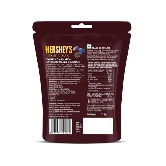 Hershey's Exotic Dark Blueberry And Acai Chocolates Share Bag 33.3 g Combo