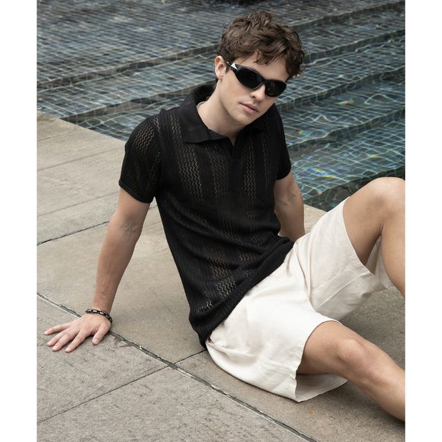 Campus Sutra Men's Chevron - Lined Textured Polo T-shirt | Onyx Black - S