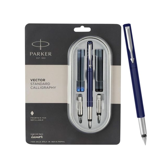 Parker Vector Standard Calligraphy Chrome Trim Fountain Pen Blue Body(Blue Ink)