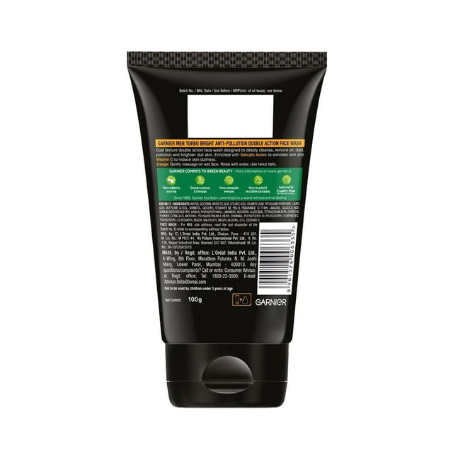 Garnier Men Turbo Bright Anti-Pollution Double Action Face Wash