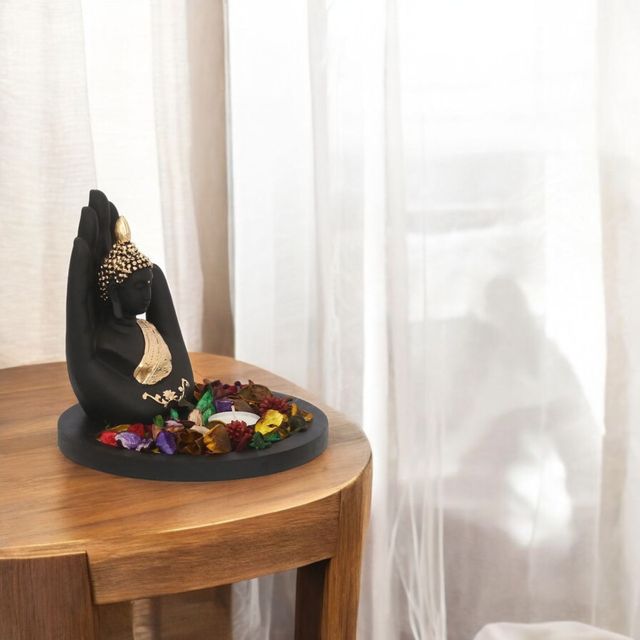 eCraftIndia Majestic Black and Golden Polyresin Palm Buddha Statue with Wooden Base
