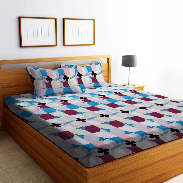Dream Living Floral | 90 Gsm Double Bedsheet With 2 Pillow Covers, | Purple