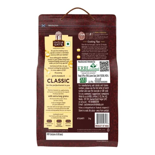 India Gate Gold Standard Classic Basmati Rice | 2 Years Aged | Extra Long Grains