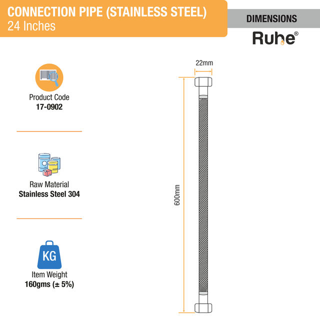 Ruhe Geyser Connection Pipe SS (24 Inches) (304 Grade) (Pack of 2)
