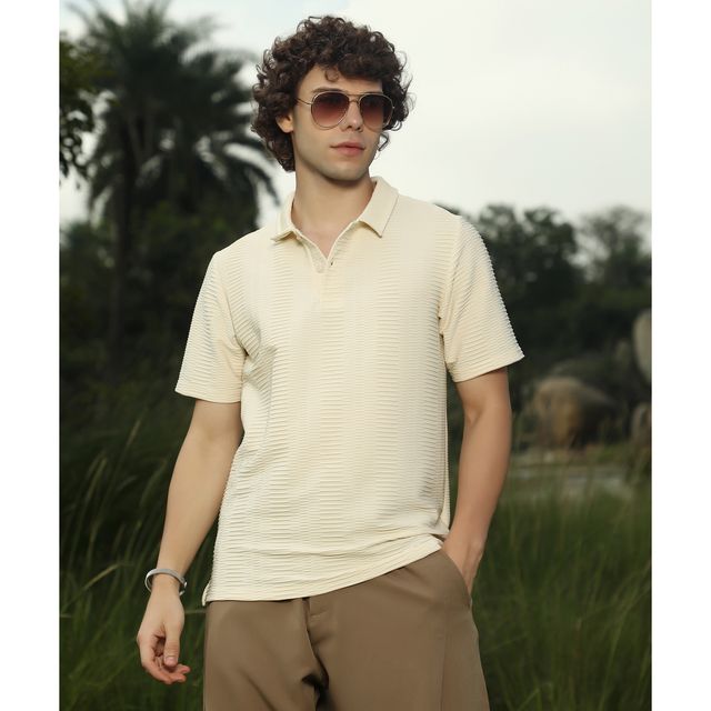 Campus Sutra Men's Flatten - Ruched Polo T-shirt | Cream - M
