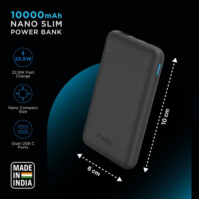 Urbn 10000Mah Nano Slim Power Bank - Black,Cable Type C to C(Wired Mobile Connectivity)
