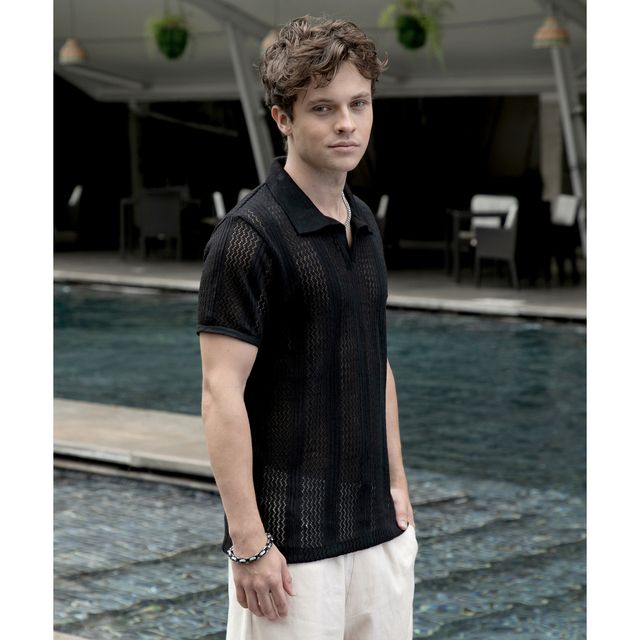 Campus Sutra Men's Chevron - Lined Textured Polo T-shirt | Onyx Black - S