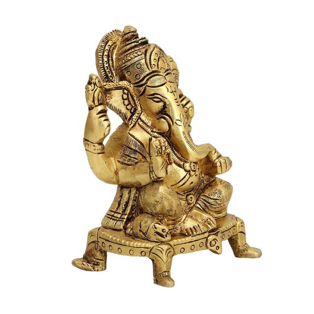 Devnidhii Ganesh Ji Brass Idol On Square Chowki Small Size