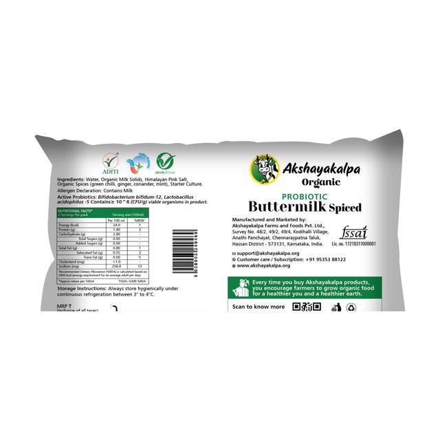 Akshayakalpa Organic Probiotic Curd Pouch(500gms) & Akshayakalpa - Organic Probiotic Buttermilk Spiced(200ml) Combo