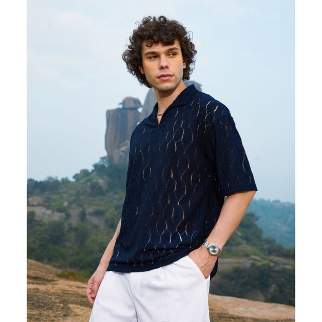 Campus Sutra Men's Honeycomb - Knit Polo T-shirt | Prussian Blue - M