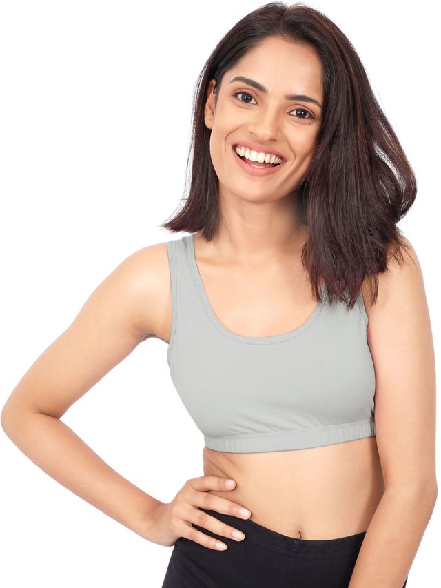 D'Chica Double-Layer Broad Strap Cotton Sports Bra For Women's | Non Padded | White & Grey | L