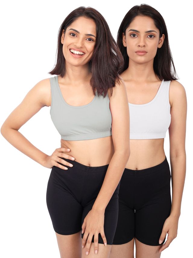 D'Chica Double-Layer Broad Strap Cotton Sports Bra For Women's | Non Padded | White & Grey | L