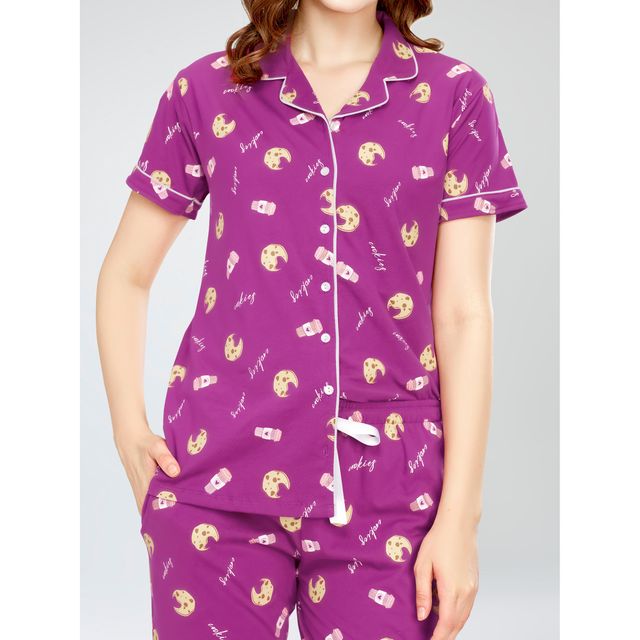 Zeyo Night Suit for Women Purple Cookies Cup Print Cotton Night Dress | Shirt-Pajama 5752-PP- XXL