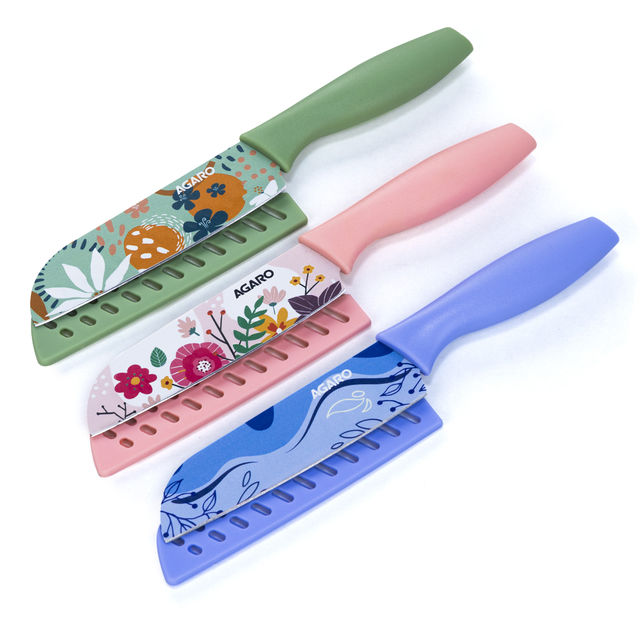 Agaro Printed Knife Set, Stainless Steel, Non-Slip Handle, Plastic Cover | Blue, Green & Pink