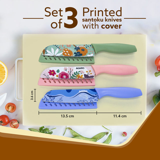 Agaro Printed Knife Set, Stainless Steel, Non-Slip Handle, Plastic Cover | Blue, Green & Pink
