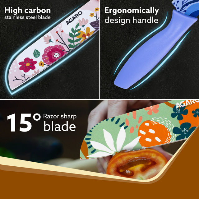 Agaro Printed Knife Set, Stainless Steel, Non-Slip Handle, Plastic Cover | Blue, Green & Pink