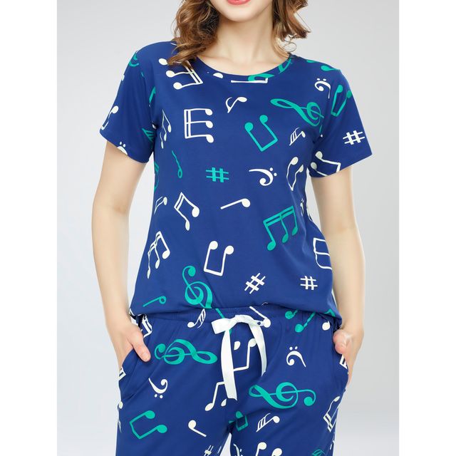 Zeyo Night Suit for Women Blue Musical Note Print Cotton Night Dress of Top & Pajama Set 5777-BE- L