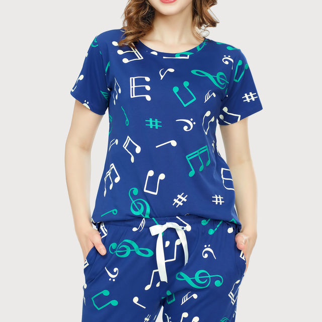 Zeyo Night Suit for Women Blue Musical Note Print Cotton Night
