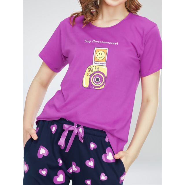Zeyo Night Suit for Women Pink Heart Printed Cotton Night Dress of Top & Pajama Set 5771-PK- XL