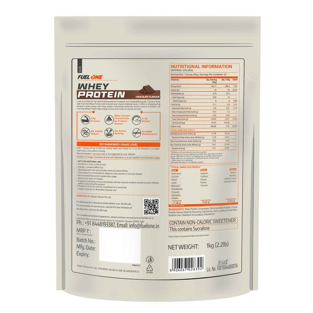 Fuel One Whey Protein, 24g Protein, 5.29g BCAA & 4.2g Glutamic Acid, Chocolate