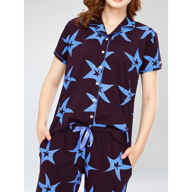 Zeyo Night Suit for Women Wine Star Printed Cotton Night Dress | Shirt & Pajama Set 5754-WN- L