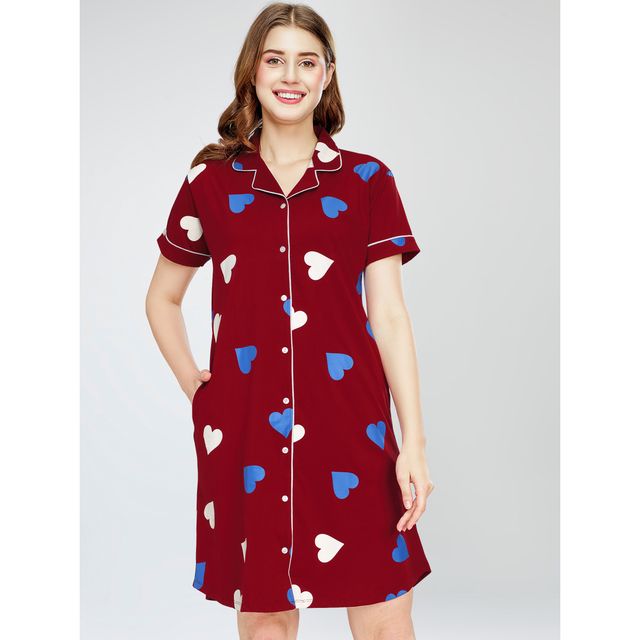 Zeyo Women Cotton Maroon Night Dress Heart Printed Knee Length Night Gown 5792- SR- XL