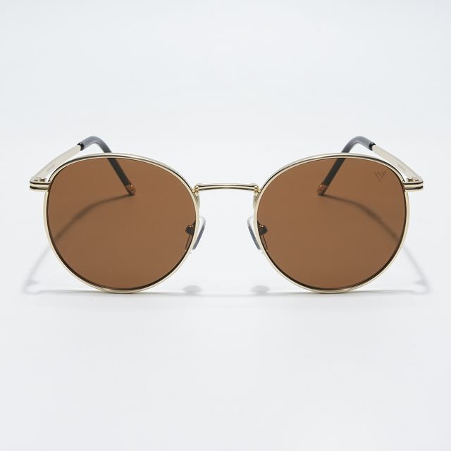 Voyage Unisex Geometric Metal Round Sunglasses | Brown and Gold - M