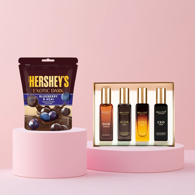 Hershey'S Exotic Dark Blueberry And Acai Chocolates Share Bag(33.3gms) & Bella Vita Organic Luxury Perfumes Gift Set For Men(80ml) Combo