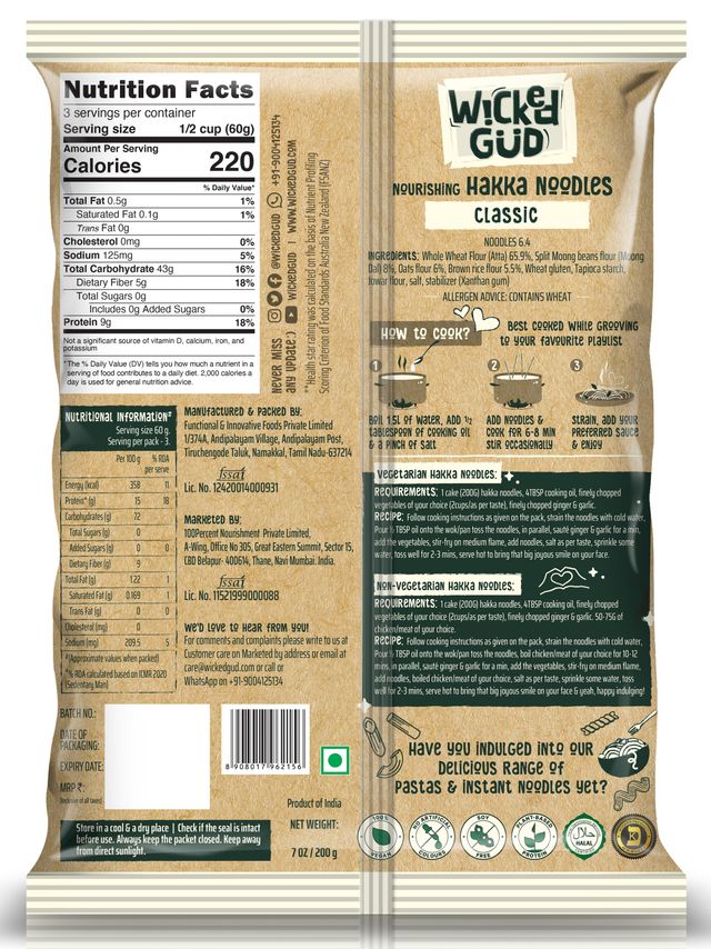 Wickedgud Multigrain Hakka Noodles | No Maida | No Oil | High Protein | High Fiber 200 g Combo