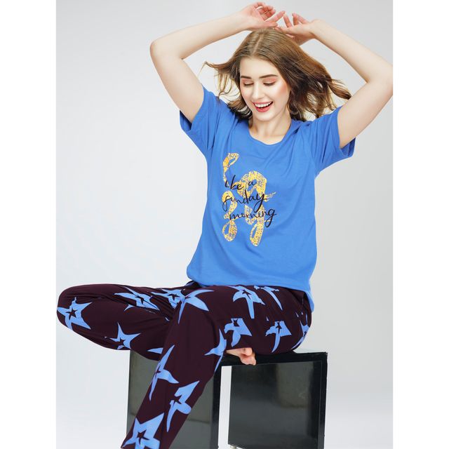 Zeyo Night Suit for Women Blue Star Printed Cotton Night Dress of Top & Pajama Set 5773-BE- XXL