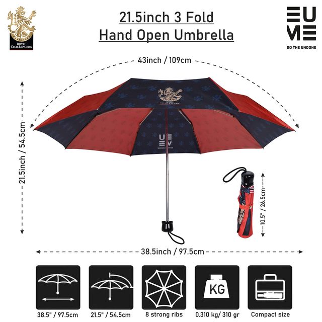 Eume Official Royal Challengers Bangalore (Rcb) 21.5 Inch 3 Fold Manual Hand Open Umbrella | Red