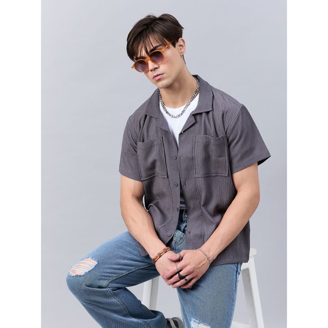 Style Quotient Men Self Design Dropped Shoulder Shirt | XL | SS24SQTIMBER - Grey