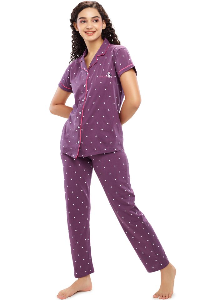 Zeyo Women's Cotton Heart Printed Stylish Night Suit Set of Shirt & Pyjama | 5612 Purple-XL