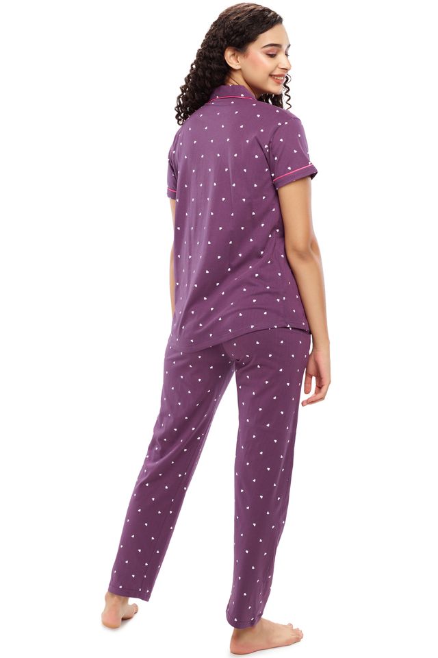 Zeyo Women's Cotton Heart Printed Stylish Night Suit Set of Shirt & Pyjama | 5612 Purple-XL