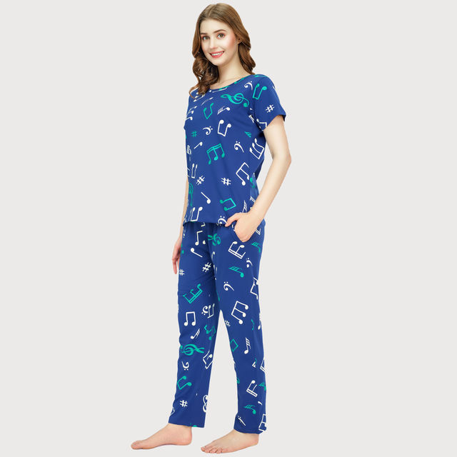 Zeyo Night Suit for Women Blue Musical Note Print Cotton Night